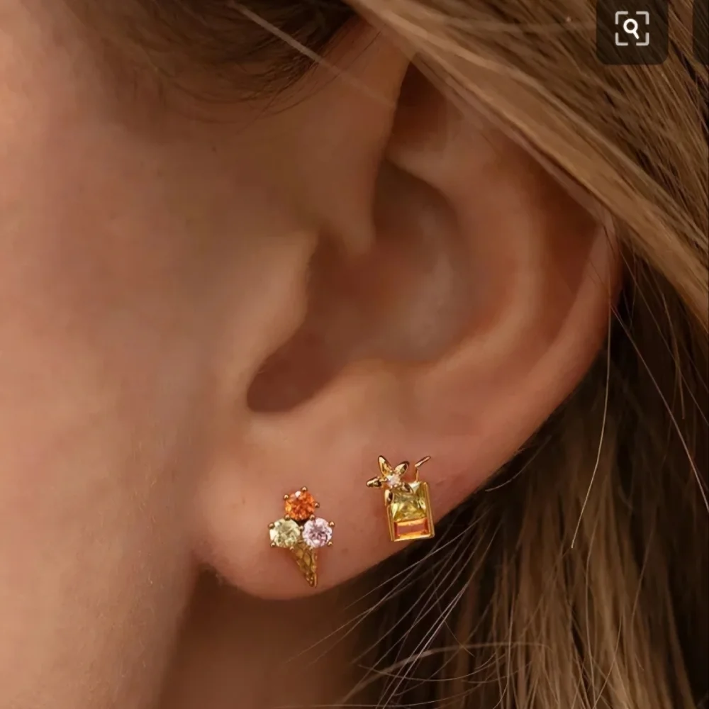 Tiny Ice Cream Cone Earrings with Multicolor Rhinestones - Picture 3 of 10